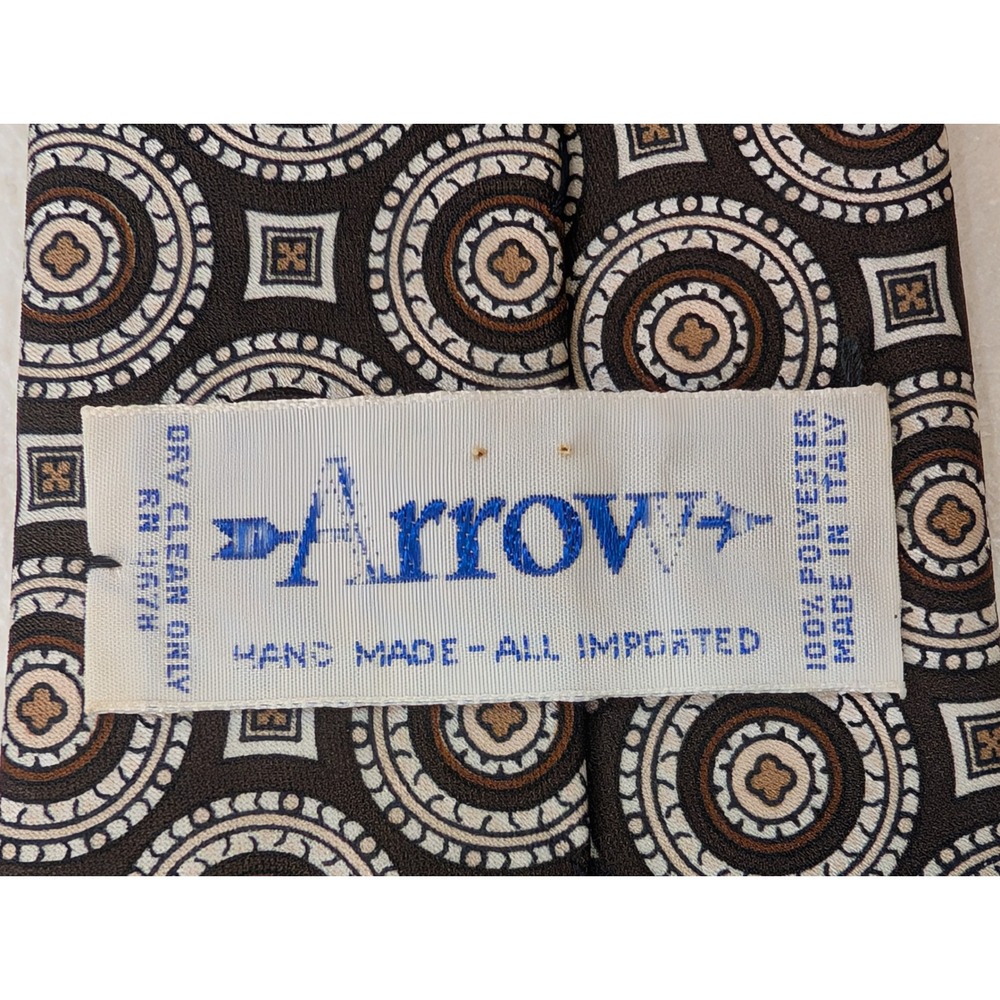 Arrow Necktie Mens Brown‎ Black Geometric Circle Pattern Italian Made 54" - Picture 3 of 3